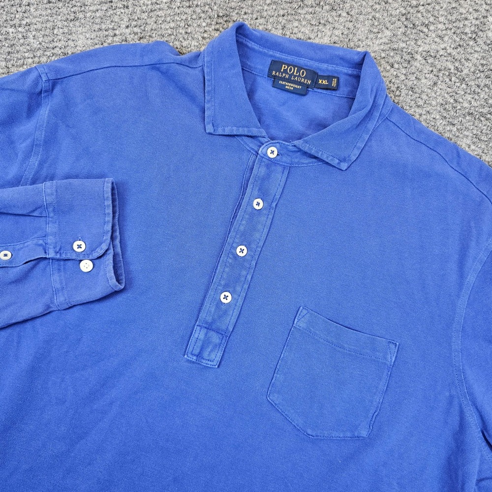 Polo Ralph Lauren Mens XXL Blue Featherweight Mesh Long Sleeve Polo Shirt Pocket
